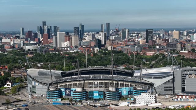 An aerial view of The Etihad Stadium and the high-rise buildings of the city of Manchester  during the Premier League match Manchester City vs Aston Villa at Etihad Stadium, Manchester, United Kingdom on 24 May 2026

(Photo by Mark Cosgrove/News Images)