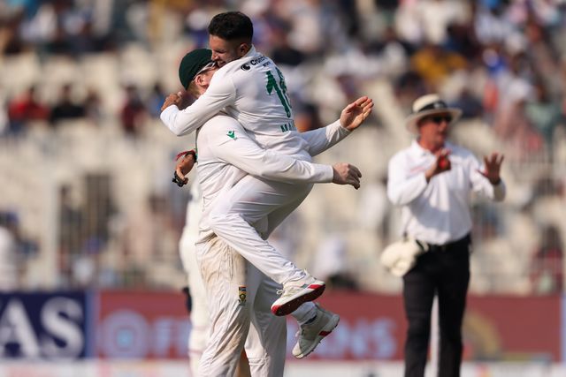 Keshav Maharaj of South Africa celebrates with Sisanda Magala of South Africa after dismissing Mohammed Siraj of India caught by Aiden Markram of South Africa South Africa win by 30 runs during the IDFC First Bank Test Day 3 match India vs South Africa at Eden Gardens, Kolkata, India, 16th November 2025

(Photo by Shubhajit Roy Karmakar/News Images)
