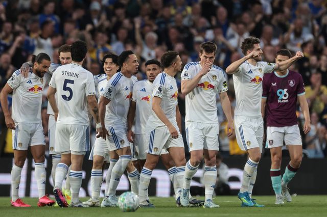 Anton Stach of Leeds United celebrates his goal to make it 1-0 with team mates during the Premier League match Leeds United vs Burnley at Elland Road, Leeds, United Kingdom on 01 May 2026

(Photo by Mark Cosgrove/News Images)