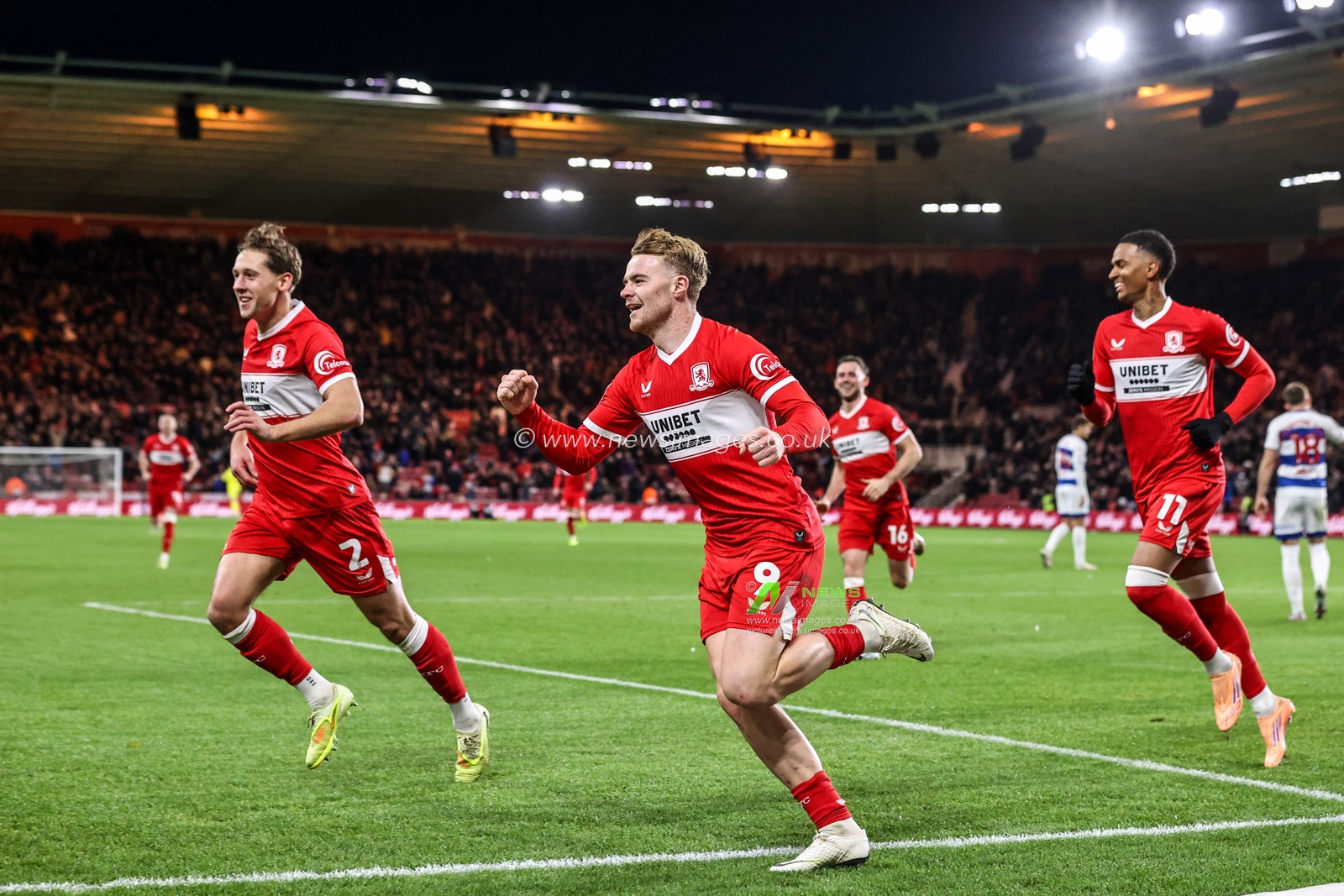 Tommy Conway of Middlesbrough celebrates his goal to make it 3-0 during the Sky Bet Championship match Middlesbrough vs Queens Park Rangers at Riverside Stadium, Middlesbrough, United Kingdom, 13th December 2025

(Photo by Alfie Cosgrove/News Images)

*** GER AUT SUI OUT ***