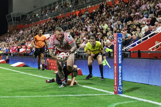 Josh Charley of Leigh Leopards goes over for a try during the Betfred Super League Round 23 match Leigh Leopards vs Salford Red Devils at Leigh Sports Village, Leigh, United Kingdom, 22nd August 2025

(Photo by Mark Cosgrove/News Images)