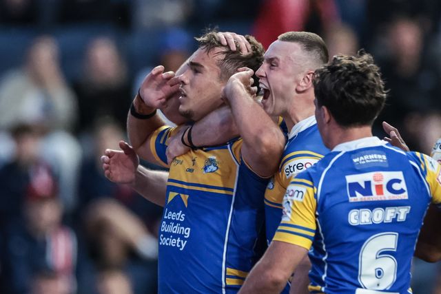 Presley Cassell of Leeds Rhinos celebrates his try during the Betfred Super League round 23 match Leeds Rhinos vs Hull KR at Headingley Stadium, Leeds, United Kingdom, 21st August 2025

(Photo by Mark Cosgrove/News Images)