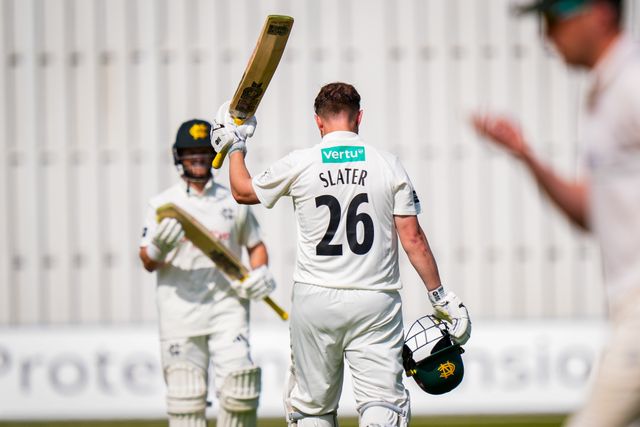 Ben Slater celebrates reaching 100 runs and scoring his century during Leicestershire County Cricket Club vs Nottinghamshire County Cricket Club in Country Cricket Division One Day 1 at Grace Road, Leicester, United Kingdom on 01 May 2026

(Photo by Maynard Manyowa/News Images)