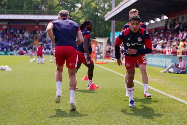 Stevenage players warm up ahead of kick off during the Sky Bet League One Playoffs Semi-Final match Stevenage vs Stockport County at Lamex Stadium, Stevenage, United Kingdom on 09 May 2026

(Photo by Harvey Murphy/News Images)