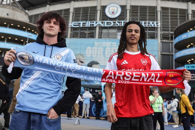 Manchester City and Arsenal fans who are friends  are both attending the game during the Premier League match Manchester City vs Arsenal at Etihad Stadium, Manchester, United Kingdom on 19 April 2026

(Photo by Mark Cosgrove/News Images)