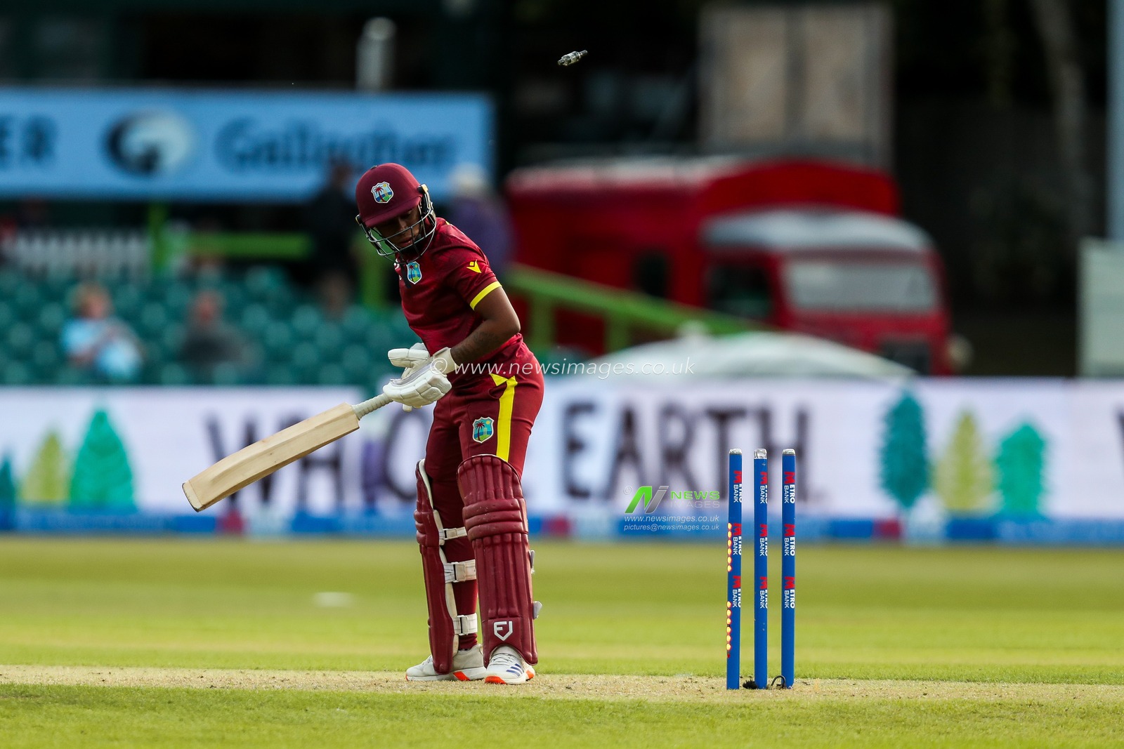 Jahzara Claxton of West Indies Women is bowled out by Lauren Filer of England Women during the 2nd Metro Bank ODI Day International England Women v West Indies Women at Uptonsteel County Ground, Leicester, United Kingdom, 4th June 2025

(Photo by Izzy Poles/News Images)