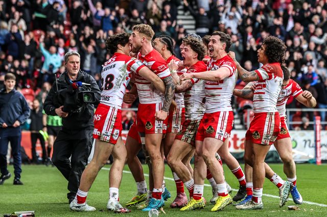 Bill Leyland of St Helens celebrates his try during the Betfred Super League round 7 match St Helens vs Wigan Warriors at The BrewDog Stadium, St Helens, United Kingdom on 03 April 2026

(Photo by Alfie Cosgrove/News Images)