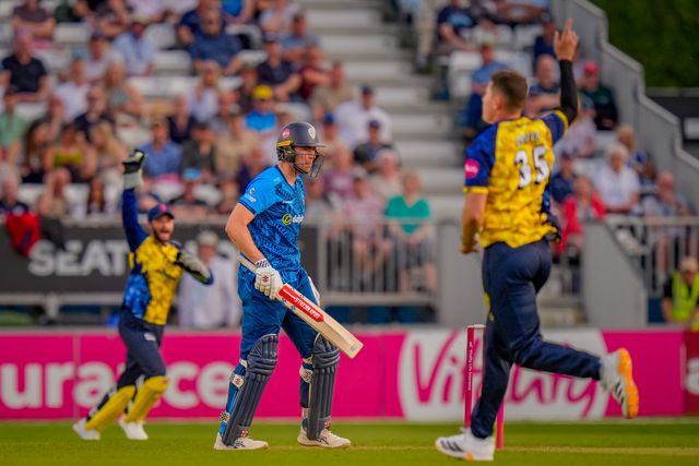 Matthew Potts of Durham and Ollie Robinson of Durham celebrate the wicket of Martin Andersson  of Derbyshire during the Vitality Blast T20 match between Derbyshire Falcons and Durham Cricket at The Central Co-Op County Ground, Derby, United Kingdom on 22 May 2026

(Photo by Maynard Manyowa/News Images)