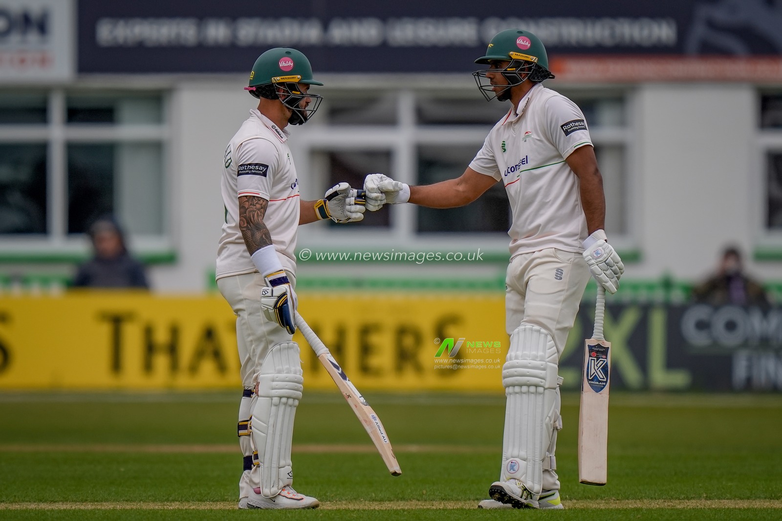 Rishi Patel of Leicestershire and Jake Weatherald of Leicestershire celebrate a partnership milestone during the County Championship Division One day 3 Leicestershire vs Nottinghamshire at Grace Road, Leicester, United Kingdom on 03 May 2026

(Photo by Maynard Manyowa/News Images)