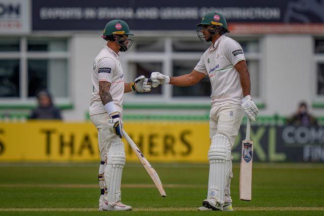 Rishi Patel of Leicestershire and Jake Weatherald of Leicestershire celebrate a partnership milestone during the County Championship Division One day 3 Leicestershire vs Nottinghamshire at Grace Road, Leicester, United Kingdom on 03 May 2026

(Photo by Maynard Manyowa/News Images)