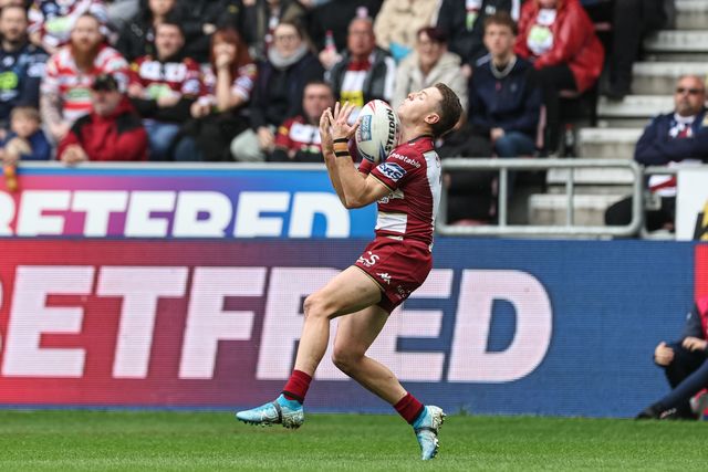 Jai Field of Wigan Warriors drops the ball during the Betfred Super League Round 8 match Wigan Warriors vs St Helens at The Brick Community Stadium, Wigan, United Kingdom, 18th April 2025

(Photo by Mark Cosgrove/News Images)