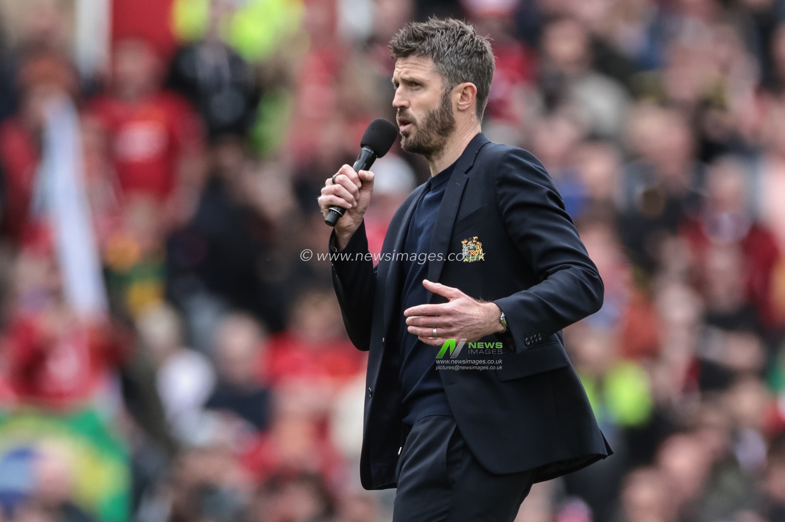 Michael Carrick manager of Manchester United addresses Old Trafford after the final home game of the season during the Premier League match Manchester United vs Nottingham Forest at Old Trafford, Manchester, United Kingdom on 17 May 2026

(Photo by Mark Cosgrove/News Images)