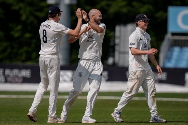 Gabe Bell of Gloucestershire celebrates his wicket of Ben Aitchison of Derbyshire with his team mates during the county Championship Division Two day 4 Derbyshire vs Gloucestershire at The Central Co-Op County Ground, Derby, United Kingdom on 27 April 2026

(Photo by Maynard Manyowa/News Images)