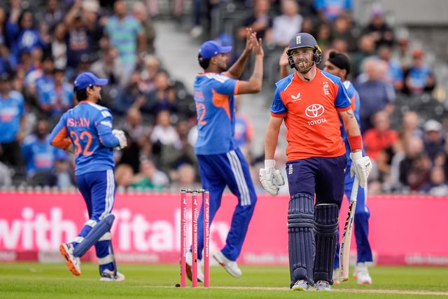 Phil Salt of England walks off after he edges the ball and is caught off the bowling of Arshdeep Singh of India during the Second Vitality T20 International match England vs India at Old Trafford, Manchester, United Kingdom on 04 July 2026

(Photo by Maynard Manyowa/News Images)