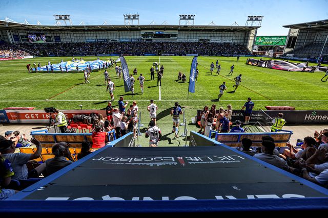 The teams come out for the Betfred Super League round 12 match Warrington Wolves vs Bradford Bulls at The Halliwell Jones Stadium, Warrington, United Kingdom on 24 May 2026

(Photo by Alfie Cosgrove/News Images)