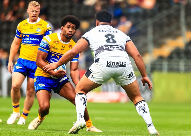 Kallum Watkins of Leeds Rhinos in action  during the Betfred Super League Round 24 match Hull FC vs Leeds Rhinos at MKM Stadium, Hull, United Kingdom, 30th August 2025

(Photo by Richard Bierton/News Images)