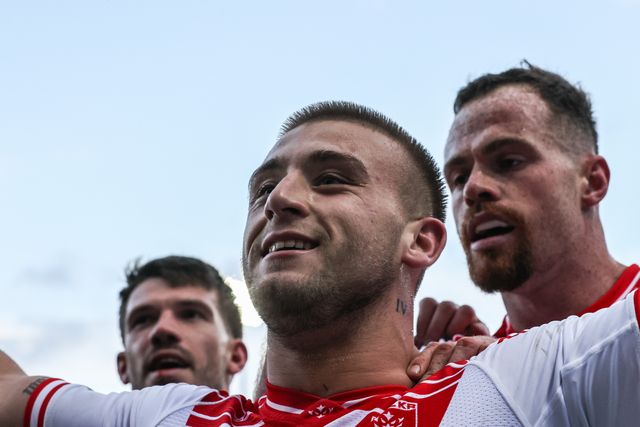 Mikey Lewis of Hull KR celebrates his try making it 6-0 during the Betfred Super League Semi Final 2 match Hull KR vs St Helens at Sewell Group Craven Park, Kingston upon Hull, United Kingdom, 3rd October 2025

(Photo by Alfie Cosgrove/News Images)