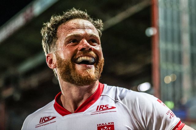 Joe Burgess of Hull KR celebrates his try during the Betfred Super League round 6 match Hull KR vs St Helens at Sewell Group Craven Park, Hull, United Kingdom on 27 March 2026

(Photo by Alfie Cosgrove/News Images)