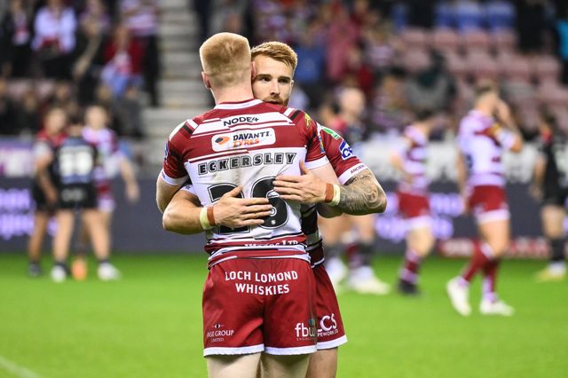 Adam Keighran of Wigan Warriors and Zach Eckersley of Wigan Warriors celebrate at the end of the Betfred Super League Round 27 match Wigan Warriors vs Salford Red Devils at The Brick Community Stadium, Wigan, United Kingdom, 19th September 2024

(Photo by Craig Thomas/News Images)