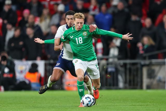 Kasey McAteer of Republic of Ireland is fouled by Jude Bellingham of England during the UEFA Nations League, League B - Group 2 match England vs Republic of Ireland at Wembley Stadium, London, United Kingdom, 17th November 2024

(Photo by Gareth Evans/News Images)