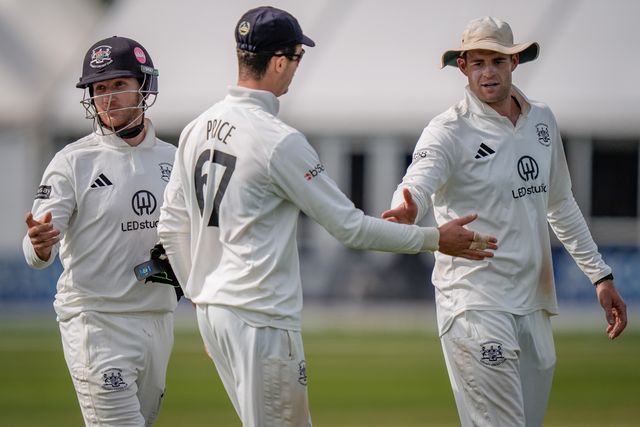 Oliver Price celebrates catching Zak Chappell off the bowling of Ed Middleton during the County Championship Division Two Derbyshire v Gloucestershire at The Central Co-Op County Ground, Derby, United Kingdom on 26 April 2026

(Photo by Maynard Manyowa/News Images)