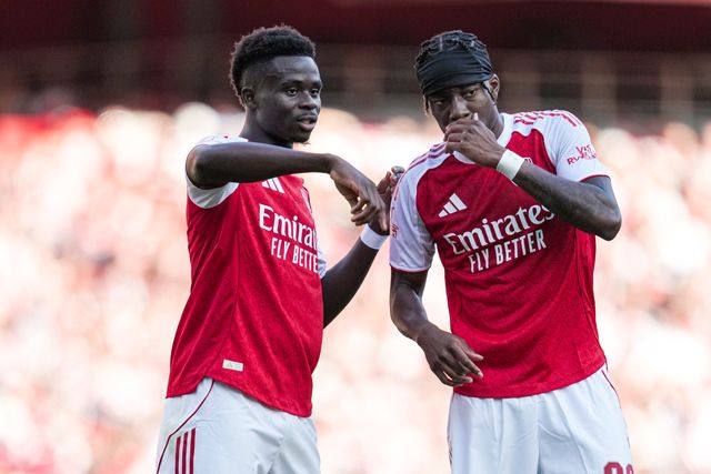 Noni Madueke of Arsenal and Bukayo Saka of Arsenal communicating during the Pre-season friendly match Arsenal vs Athletic Bilbao at Emirates Stadium, London, United Kingdom, 9th August 2025

(Photo by Harvey Murphy/News Images)
