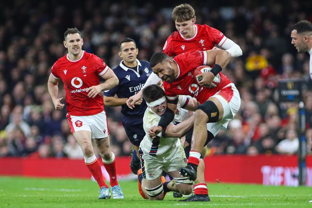 Taulupe Faletau of Wales is tackled by Tom Curry of England during the 2025 Guinness 6 Nations match Wales vs England at Principality Stadium, Cardiff, United Kingdom, 15th March 2025

(Photo by Andrew Lewis/News Images)