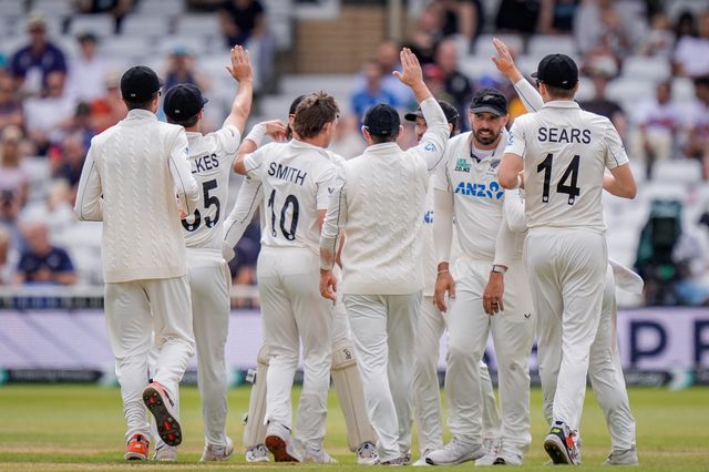 Nathan Smith of New Zealand celebrates taking the wicket of Emilio Gay of England who edges and is caught by Tom Blundell of New Zealand during the 3rd Rothesay Test Match Day 5 match England vs New Zealand at Trent Bridge, Nottingham, United Kingdom on 29 June 2026

(Photo by Maynard Manyowa/News Images)