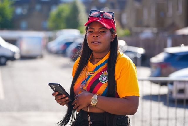 A Zimbabwe fan outside the stadium during the Nigeria vs Zimbabwe Unity Cup 2026 semi-final match at The Valley in Charlton, London, England on Tuesday, May 26, 2026.