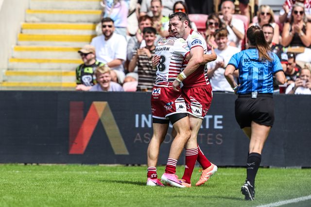 Jake Wardle of Wigan Warriors celebrates his try during the Betfred Super League round 15 match York Knights vs Wigan Warriors at LNER Community Stadium, York, United Kingdom on 20 June 2026

(Photo by Alfie Cosgrove/News Images)