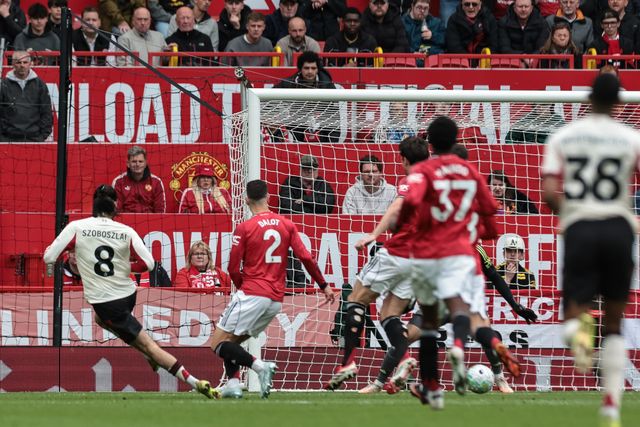 Dominik Szoboszlai of Liverpool scores to make it 2-1 during the Premier League match Manchester United vs Liverpool at Old Trafford, Manchester, United Kingdom on 03 May 2026

(Photo by Mark Cosgrove/News Images)