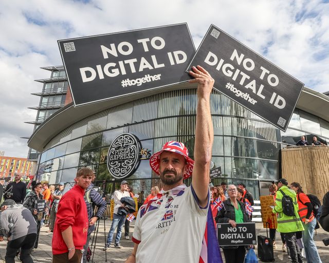 Protesters against the digital ID card gather outside the ACC as Merseyside Police attend during the Labour Party Annual Conference 2025 at The ACC, Liverpool, United Kingdom, 28th September 2025

(Photo by Mark Cosgrove/News Images)