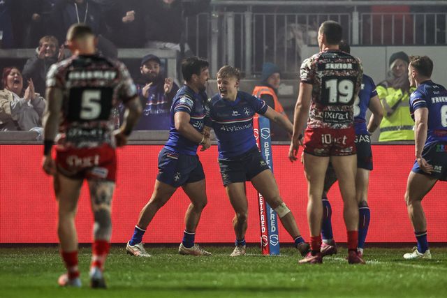 Jayden Myers of Wakefield Trinity celebrates his try during the Betfred Super League round 5 match Wakefield Trinity vs Leigh Leopards at DIY Kitchens Stadium, Wakefield, United Kingdom on 20 March 2026

(Photo by Alfie Cosgrove/News Images)
