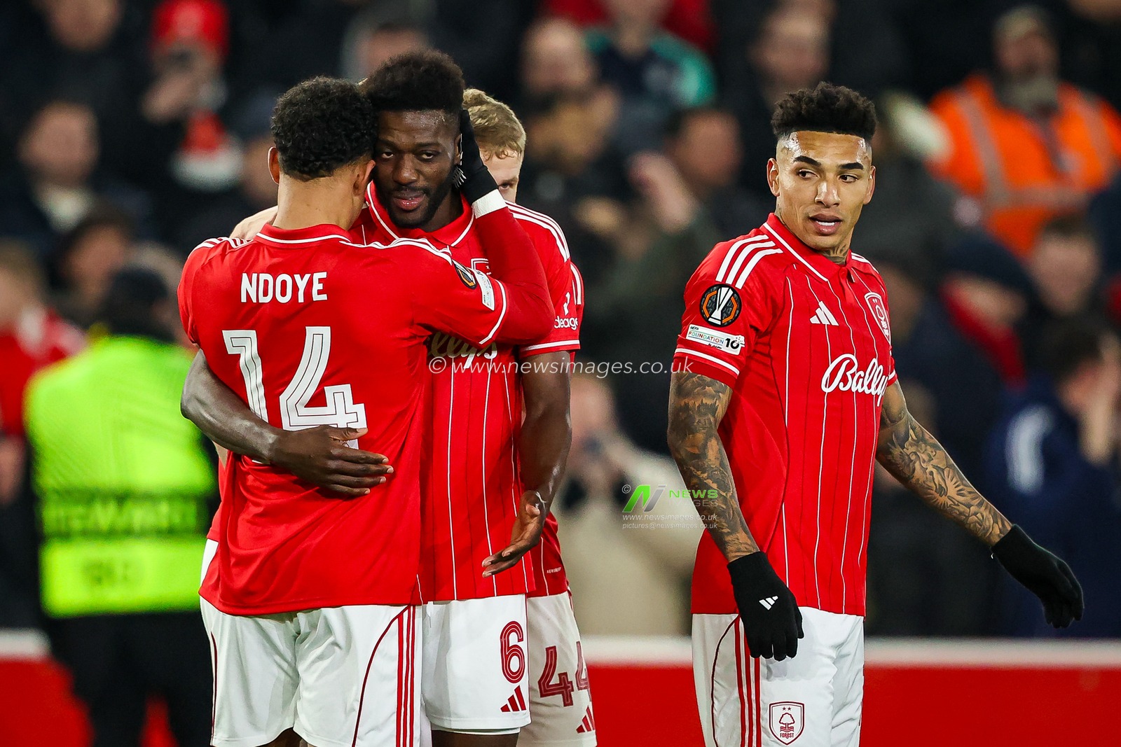 Ibrahim Sangare of Nottingham Forest and Dan Ndoye of Nottingham Forest celebrates an own goal by Bence Otvos of Ferencváros to make it 1-0 during the UEFA Europa League Matchday 8 of 8 Nottingham Forest vs Ferencvaros at City Ground, Nottingham, United Kingdom, 29th January 2026

(Photo by Alfie Cosgrove/News Images)