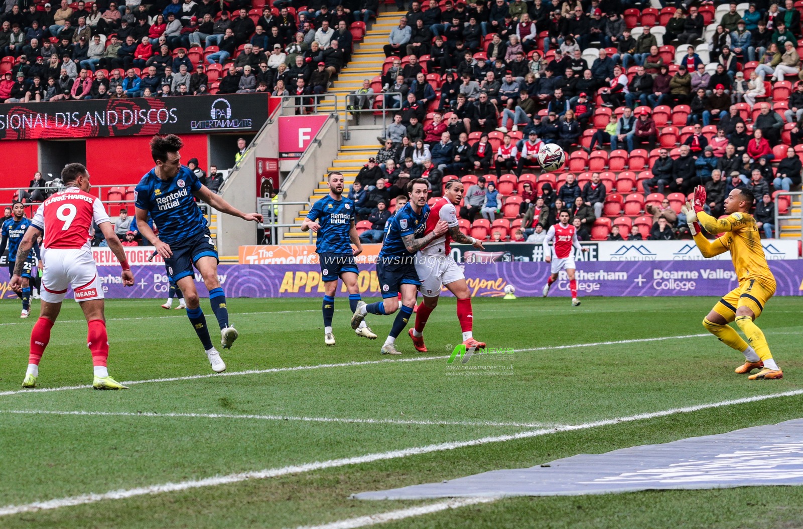 Jonson Clarke-Harris of Rotherham United   heads the ball goal wards during the Sky Bet League 1 match Rotherham United vs Crawley Town at New York Stadium, Rotherham, United Kingdom, 29th March 2025

(Photo by Richard Bierton/News Images)