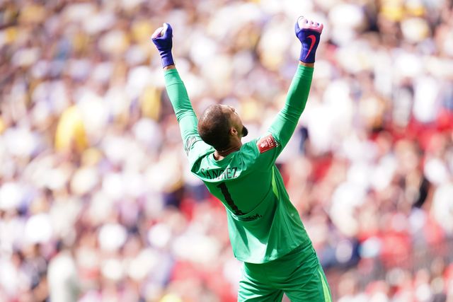 Chelsea goalkeeper Robert Sanchez celebrates 1-0 lead during the Emirates FA Cup Semi-Final match Chelsea vs Leeds United at Wembley Stadium, London, United Kingdom on 26 April 2026

(Photo by Harvey Murphy/News Images)