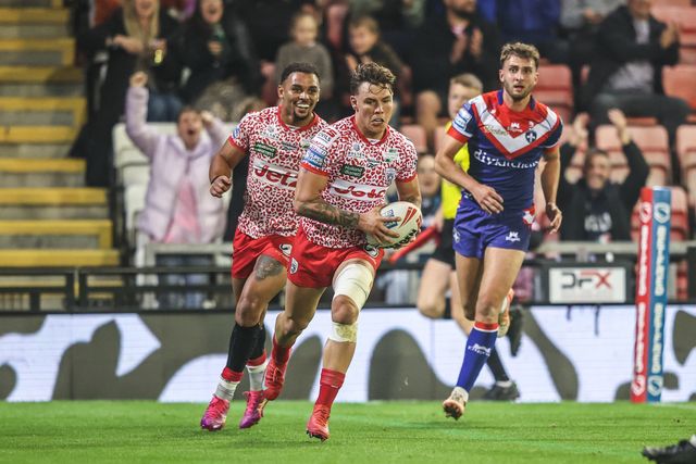Keanan Brand of Leigh Leopards goes over for a try to make it 4-0 during the Betfred Super League play-off Eliminator 1 match Leigh Leopards vs Wakefield Trinity at Progress With Unity Stadium, Leigh, United Kingdom, 26th September 2025

(Photo by Alfie Cosgrove/News Images)