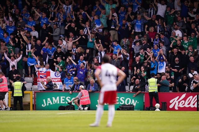 Stockport county fans celebrate late goal to make it 0-1 during the Sky Bet League One Playoffs Semi-Final match Stevenage vs Stockport County at Lamex Stadium, Stevenage, United Kingdom on 09 May 2026

(Photo by Harvey Murphy/News Images)