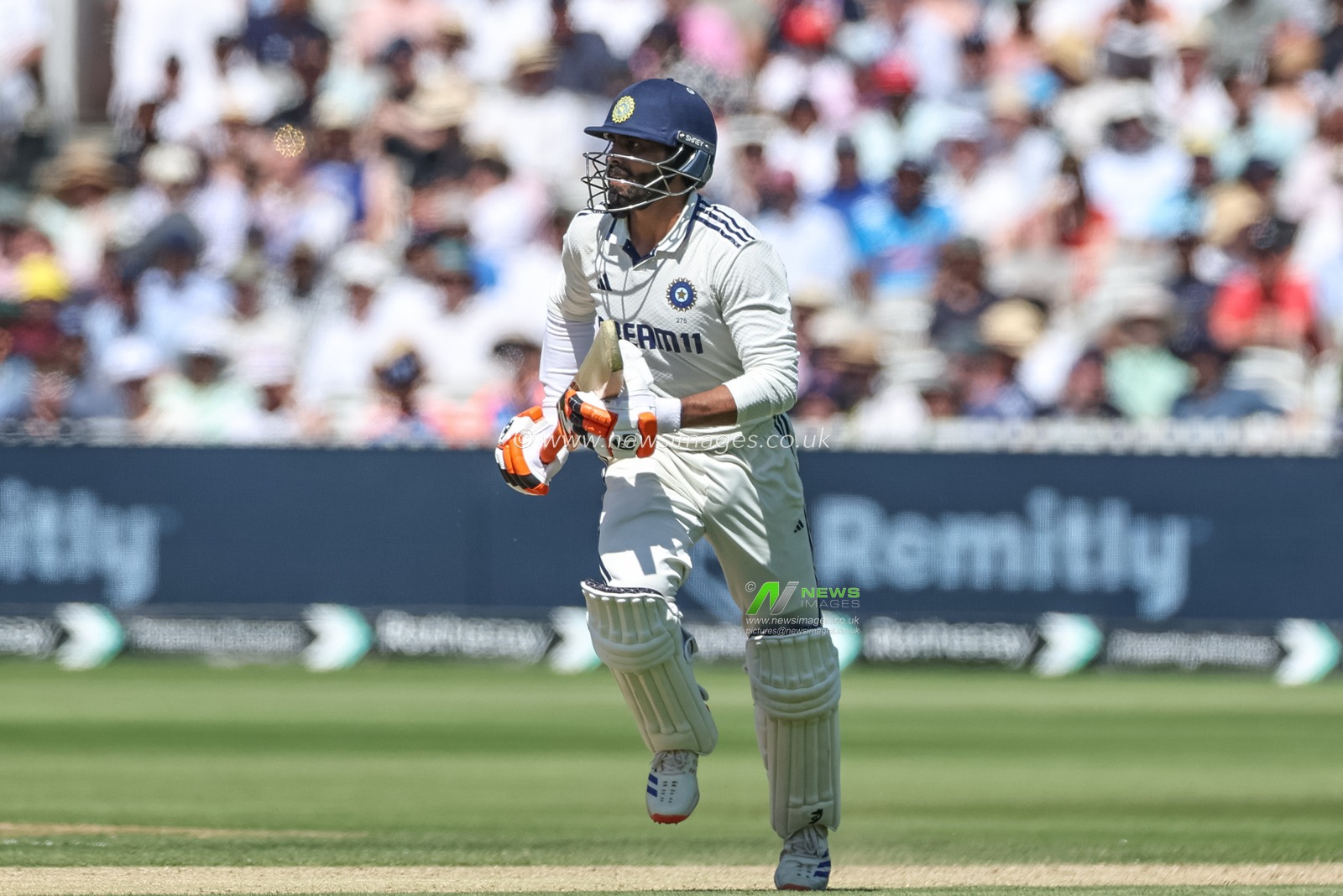 Ravindra Jadeja of India makes one run during the 3rd Rothesay Test Match Day 3 England v India at Lords, London, United Kingdom, 12th July 2025

(Photo by Mark Cosgrove/News Images)