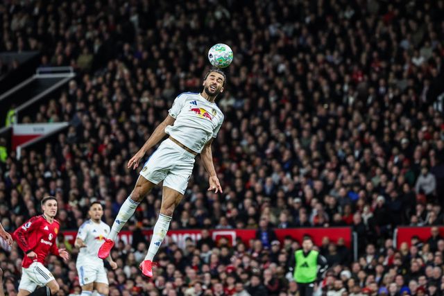 Dominic Calvert-Lewin of Leeds United heads on goal during the Premier League match Manchester United vs Leeds United at Old Trafford, Manchester, United Kingdom on 13 April 2026

(Photo by Mark Cosgrove/News Images)