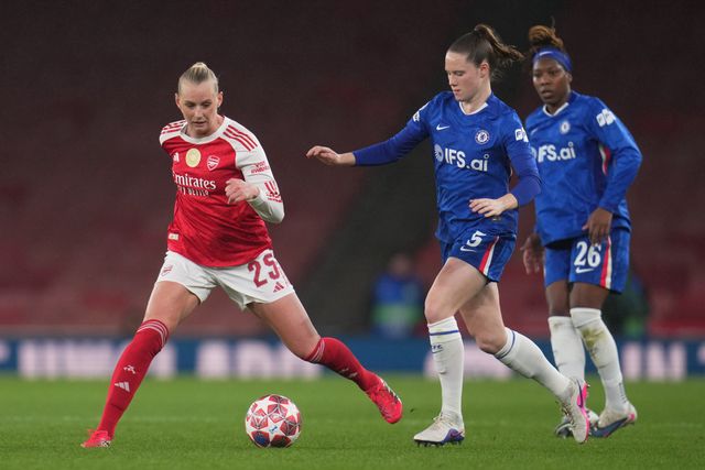Stina Blackstenius of Arsenal with the ball under pressure during the UEFA Women's Champions League Quarter-finals match Arsenal vs Chelsea at Arsenal Stadium, London, United Kingdom on 24 March 2026

(Photo by Harvey Murphy/News Images)
