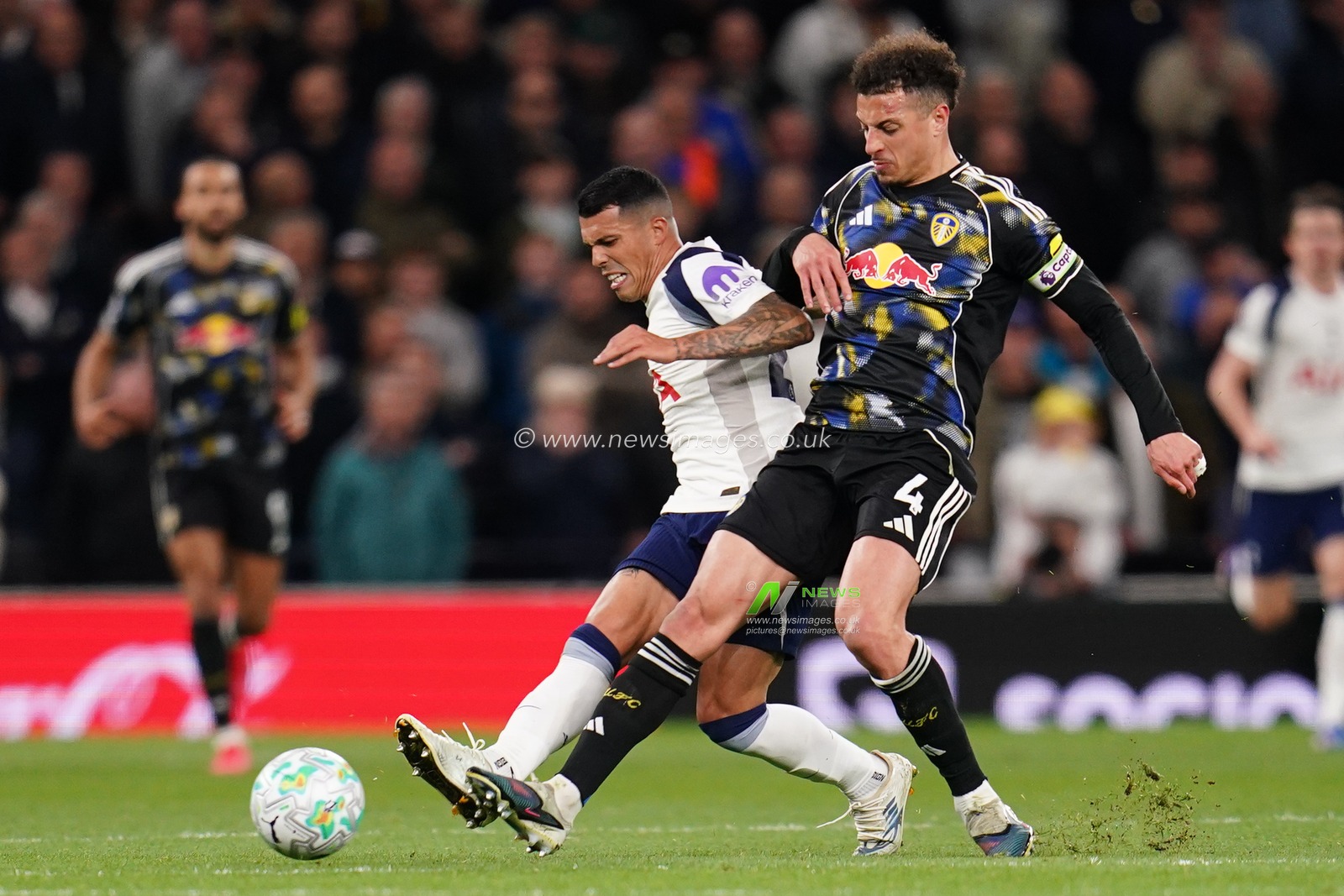Ethan Ampadu of Leeds United puts pressure onto Pedro Porro of Tottenham Hotspur during the Premier League match Tottenham Hotspur vs Leeds United at Tottenham Hotspur Stadium, London, United Kingdom on 11 May 2026

(Photo by Harvey Murphy/News Images)