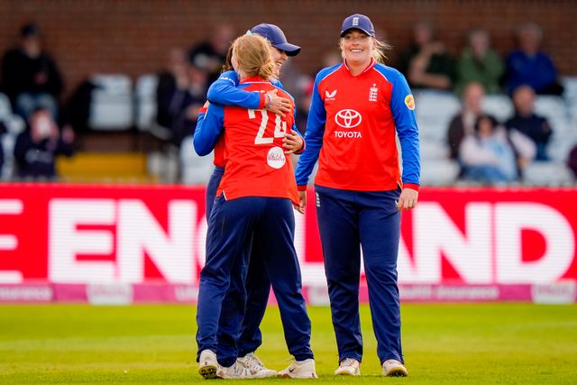 Maia Bouchier of England celebrates taking a catch off the bowling of Charlie Dean of England to dismiss Brooke Halliday of New Zealand during the England Women v New Zealand 1st Vitality IT20 match at The Central Co-Op County Ground, Derby, United Kingdom on 20 May 2026

(Photo by Maynard Manyowa/News Images)