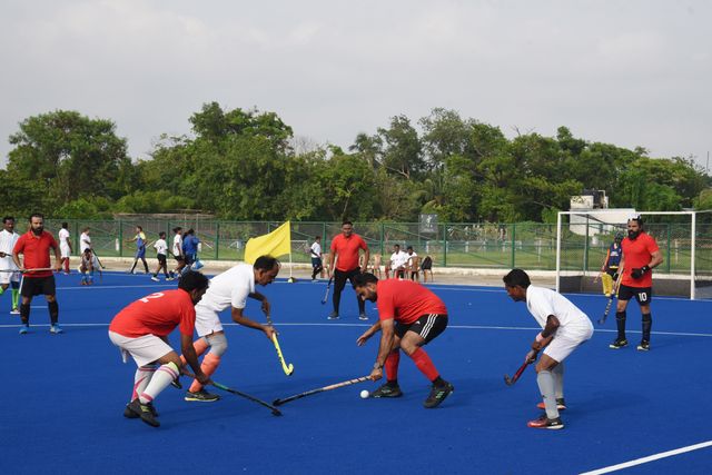 Indian veteran hockey players play at a match ahead the celebrate World Olympic Day in Howrah, West Bengal ,India on June 22,2025.Photo by Debajyoti Chakraborty. World Olympic Day celebrates every year June 23.(Photo: Debajyoti Chakraborty/News Images)
