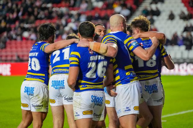Ewan Irwin of Warrington Wolves celebrates his try during the Betfred Super League round 14 match St Helens vs Warrington Wolves at The BrewDog Stadium, St Helens, United Kingdom on 11 June 2026

(Photo by Maynard Manyowa/News Images)