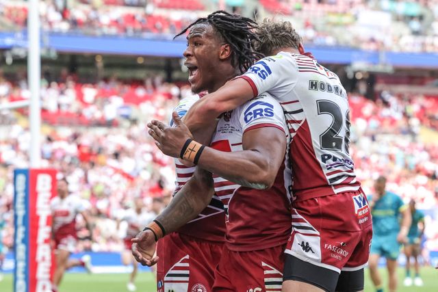 Junior Nsemba of Wigan Warriors celebrates his try during the Betfred Challenge Cup Final match Wigan Warriors vs Hull KR at Wembley Stadium, London, United Kingdom on 30 May 2026

(Photo by Mark Cosgrove/News Images)