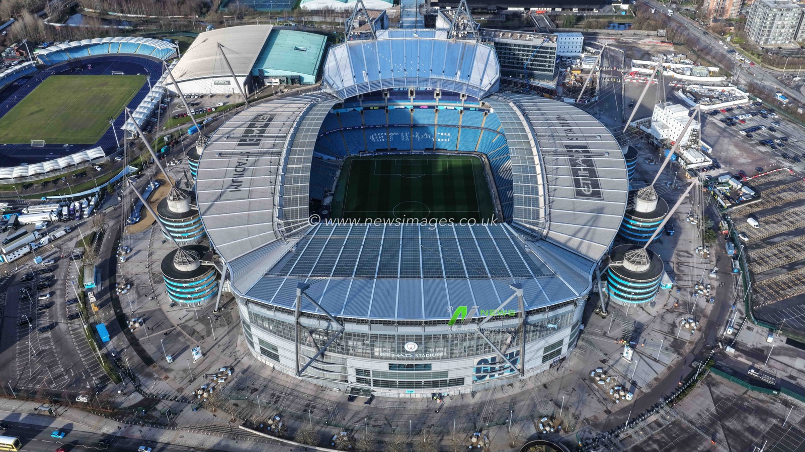 An aerial view of The City of Manchester Stadium during the UEFA Champions League match Manchester City vs Galatasaray at The City of Manchester Stadium, Manchester, United Kingdom, 28th January 2026

(Photo by Mark Cosgrove/News Images)