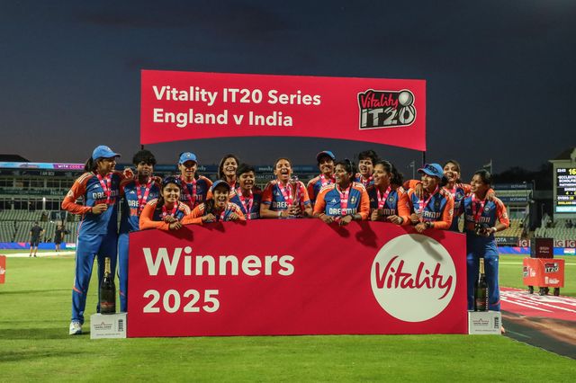 India lift the trophy after winning the series 2-3  during the 5th Vitality IT20 England Women vs India Women at Edgbaston, Birmingham, United Kingdom, 12th July 2025

(Photo by Izzy Poles/News Images)