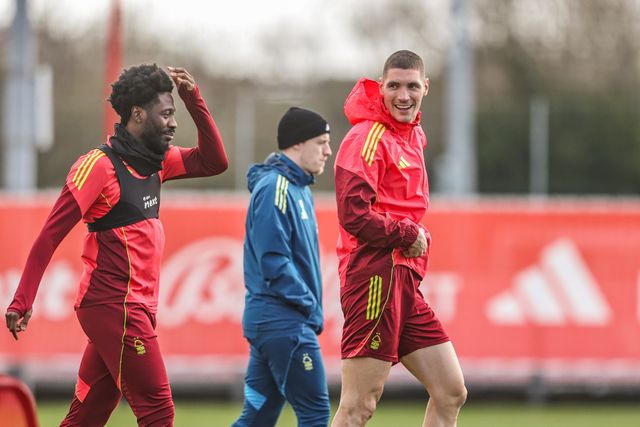 Nikola Milenkovic of Nottingham Forest during the Nottingham Forest open training session ahead of their UEFA Europa League last 16 match against FC Midtjylland at The Nigel Doughty Academy, Nottingham, United Kingdom on 11 March 2026

(Photo by Alfie Cosgrove/News Images)