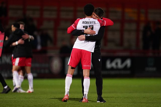 Alex Revell manager of Stevenage and Jordan Roberts of Stevenage after 1-0 win during the Sky Bet League One match Stevenage vs Barnsley at Lamex Stadium, Stevenage, United Kingdom on 21st April 2026

(Photo by Harvey Murphy/News Images)